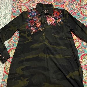 JOHNNY WAS Workshop Margot  Embroidered Corduroy Camo Dress Size M